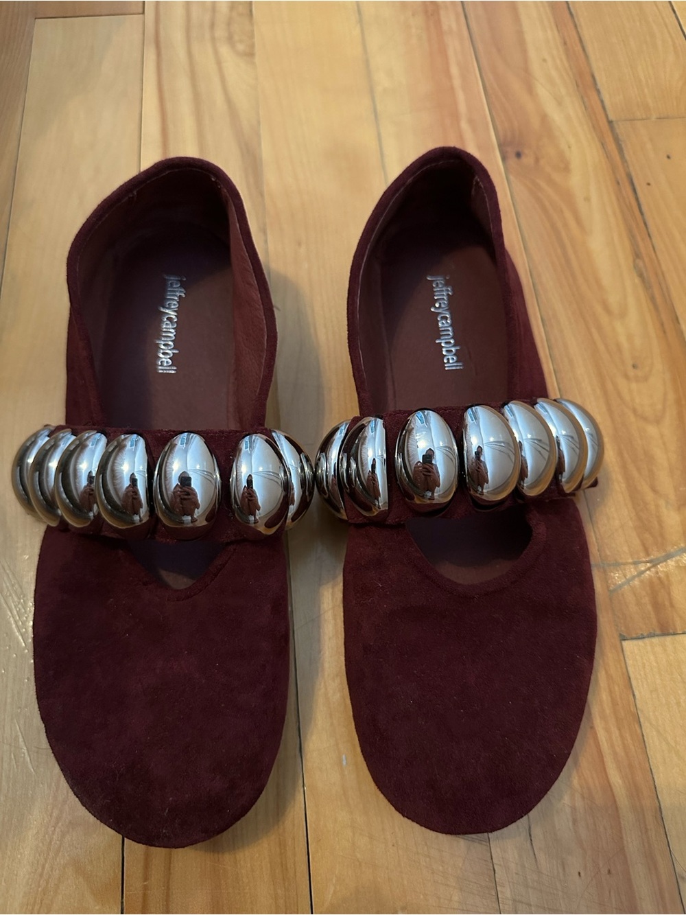 Jeffrey Campbell Burgundy Suede Flats with Silver Orb Accent